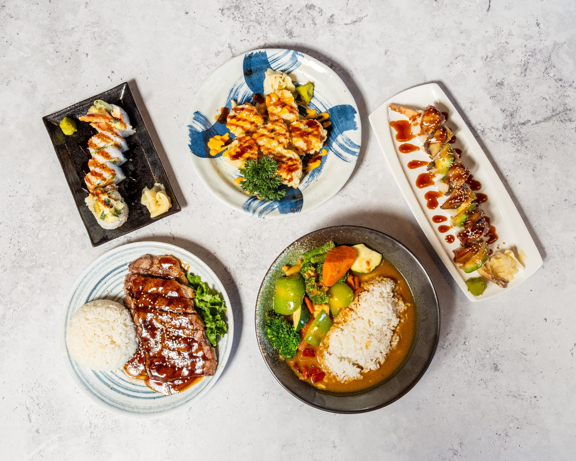 Noodles, rolls, and bento